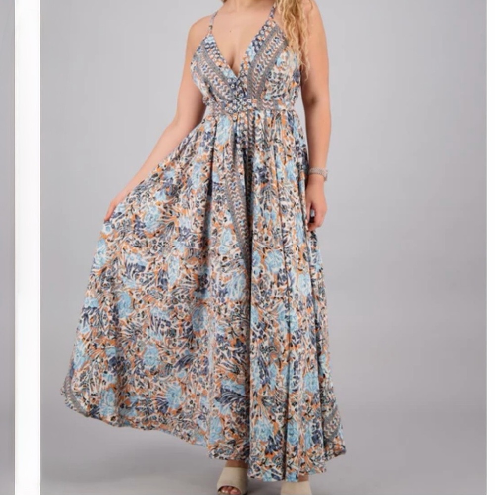 Advance Apparels Pastel Floral Pattern Silk Blend Maxi Dress 1 Size FitsMost EUC
